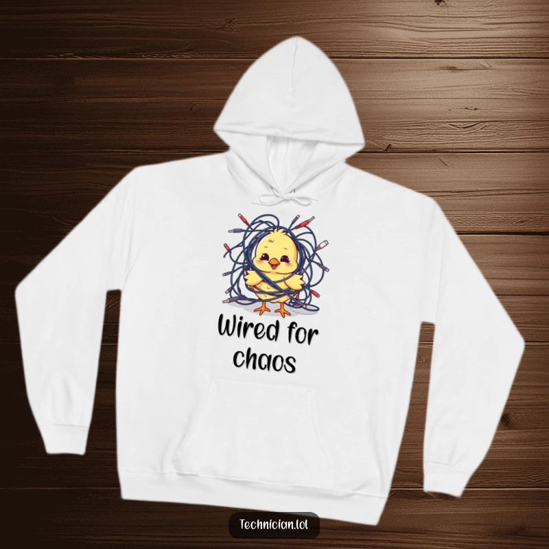 Funny Hoodies: A playful chick comically tangled in cables embodies cute tech struggles, making this hoodie perfect for cozy, humorous downtime.