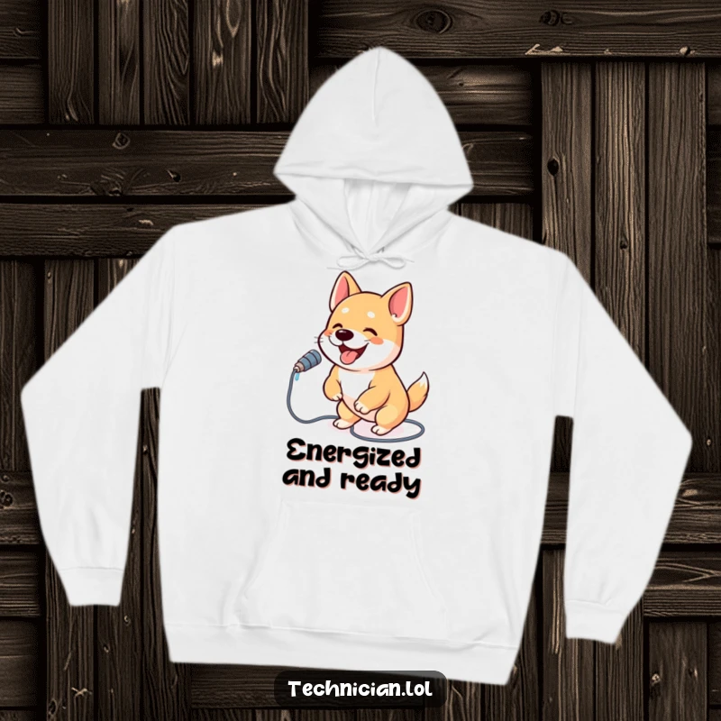Funny dog hoodie design featuring an ecstatic dog leaping to plug an electrical cord into a wall socket with excitement.
