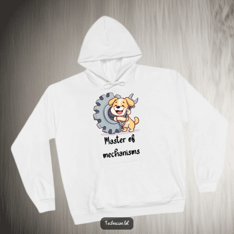 Funny dog hoodie, a cheerful dog with a wrench fixing a giant gear, radiating mechanical enthusiasm and warmth.