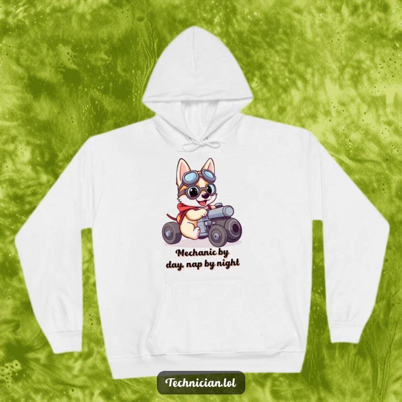 Funny hoodie design of a brave dog wearing goggles and intensely focused on repairing a small engine, a great funny gift.