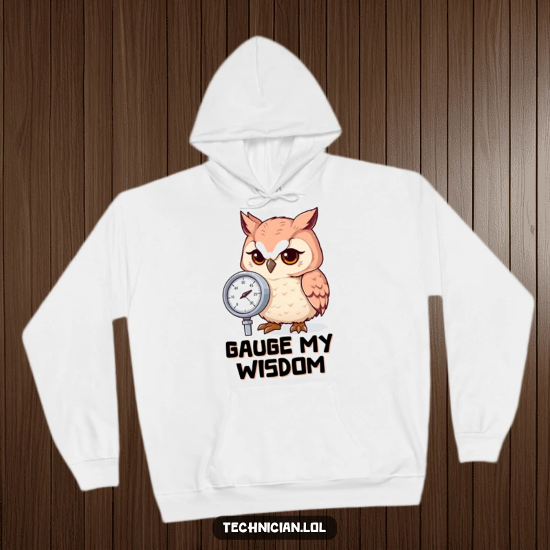 Funny owl with a concentrated gaze, checking a pressure gauge, featured on a cozy hoodie.