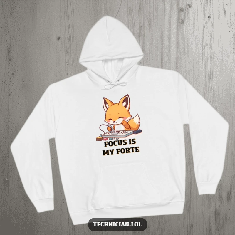 Funny Fox Tech Hoodie: An energetic fox is engrossed in manipulating small components with tweezers, perfect for tech enthusiasts.