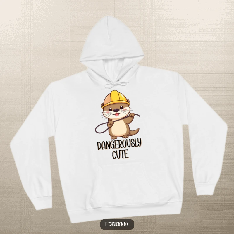 Funny hoodie with a playful otter wearing a hard hat and holding a wire, offering warmth and construction humor, a great funny gift.