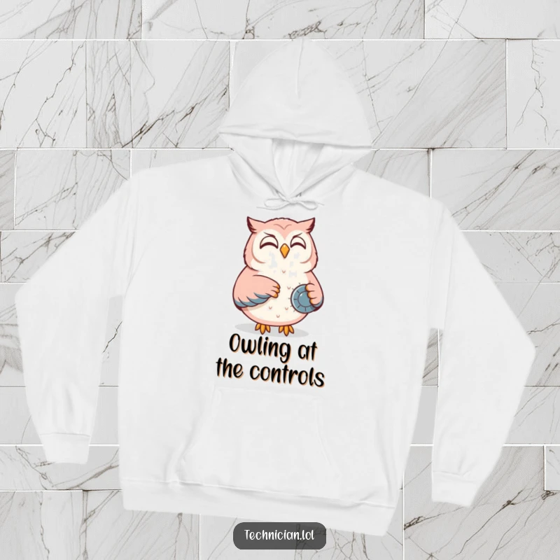 Funny hoodie showing a content owl smiling while adjusting a dial on a control panel, ideal for cozy contemplation.