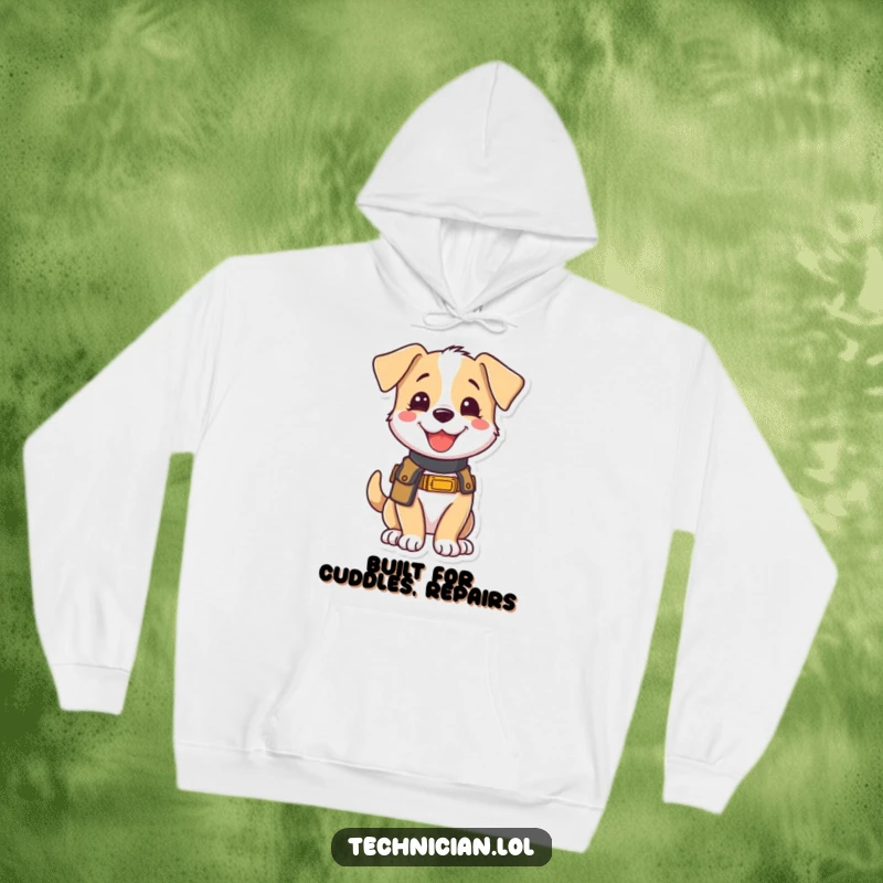 Funny hoodie with a joyful puppy in a tool belt, looking eager to help, radiating warmth and humorous dedication to any task.
