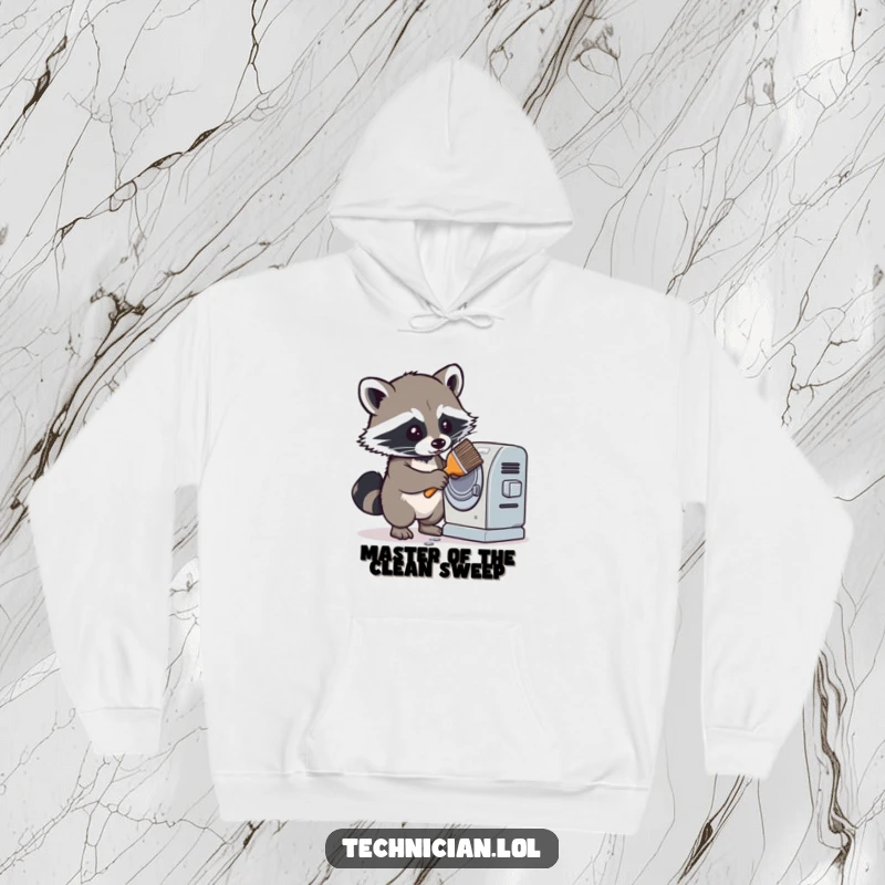 Funny hoodie showcasing a determined raccoon cleaning a dusty machine with a brush, radiating focus and a touch of humorous industriousness.