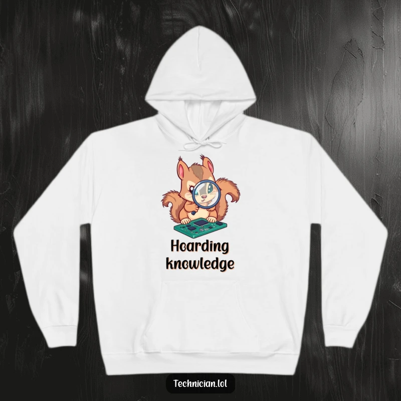 Funny hoodie featuring a determined squirrel analyzing a circuit board with a magnifying glass, perfect for cozy focus.