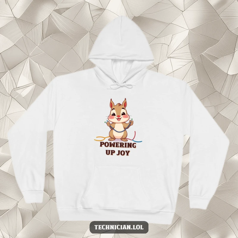 Funny cheerful squirrel smiling while connecting colorful wires, cozy in a hoodie, ideal for a funny gift.
