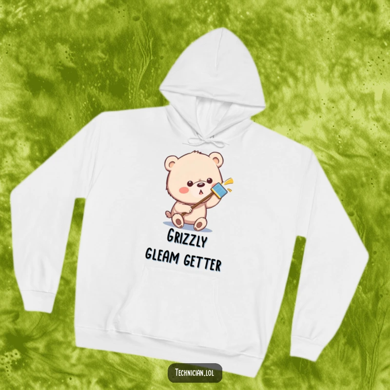 Funny bear hoodie design featuring a bear intently polishing a metallic object to a mirror shine, with a determined expression.