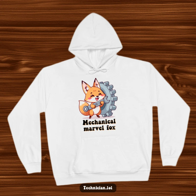 Funny hoodie showing a cute fox with a wrench tightening a giant bolt, perfect for warm, cozy, and humorous wear.