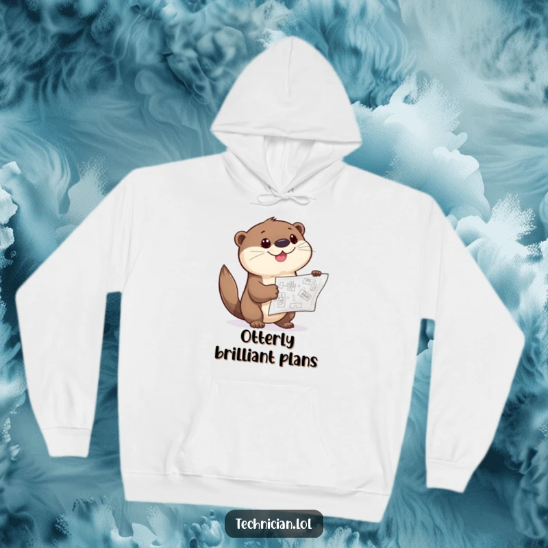 Funny Otter Hoodie featuring a giggling otter with a curious look, pointing at a blueprint, offering cozy creative vibes.