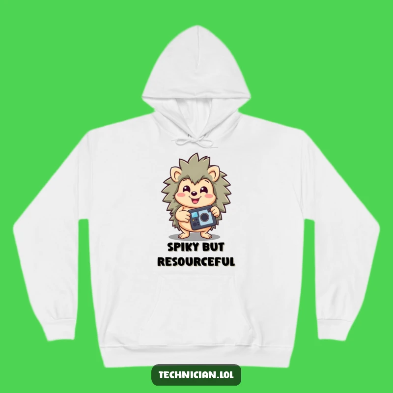 Funny Hedgehog Cozy Hoodie: Smiling Hedgehog with Repaired Gadget, Warm Funny Gift