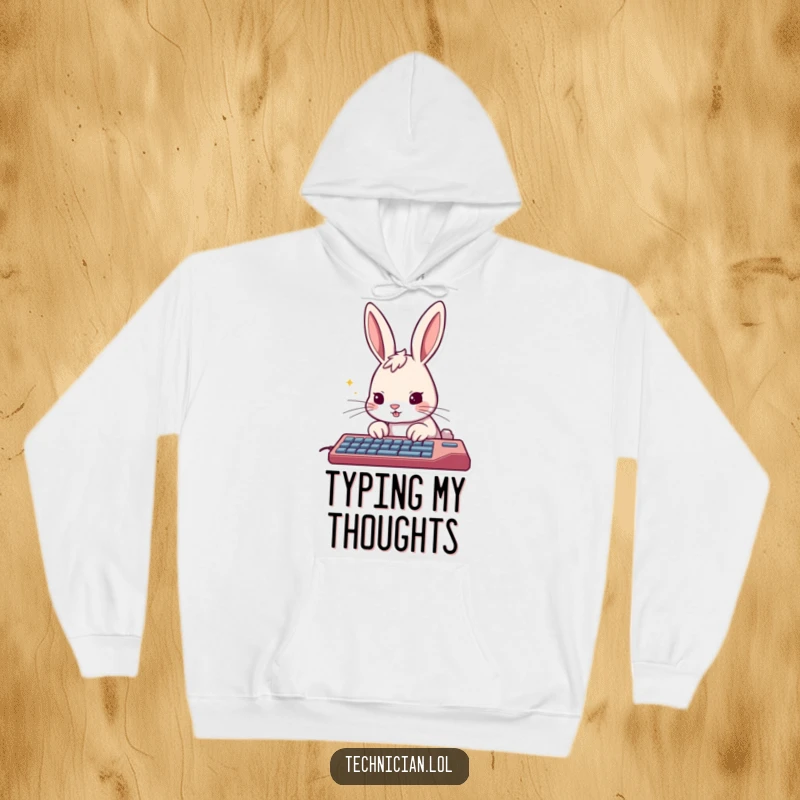 Funny rabbit hoodie, determinedly tapping a keyboard at high speed, offering comfort and a productive vibe.