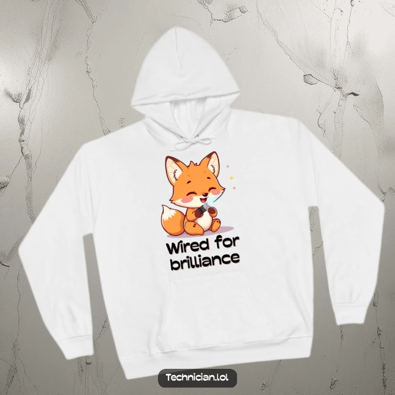 Funny Hoodies: A joyful fox intently solders wires, its glowing tool lighting up the scene, ideal for cozy crafting and tech enthusiast laughs.