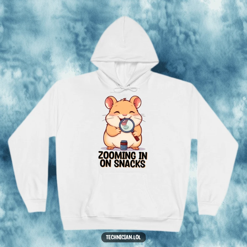 Funny hoodie featuring a giggling hamster holding a magnifying glass over a small component, perfect for cozy nights of exploration.