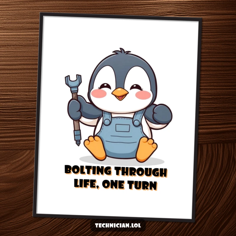 Funny Free Printable wall art of a penguin in overalls merrily tightening a bolt, a humorous DIY decor piece.