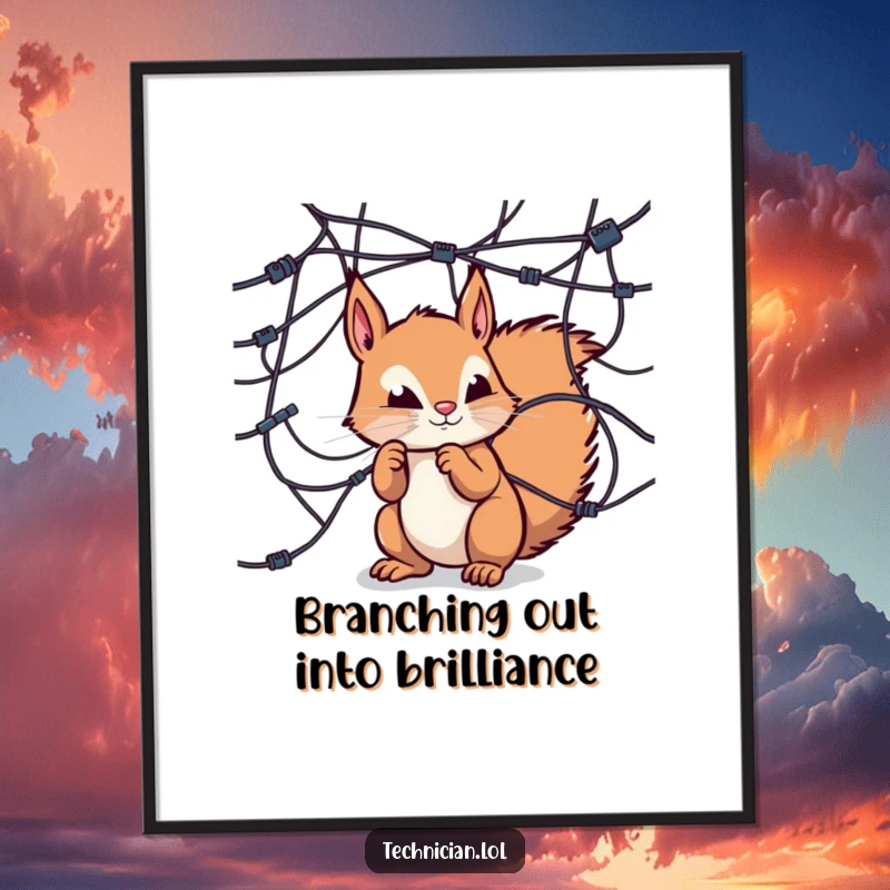 Funny Free Printable Wall Art: A curious squirrel intently examines a complex network of wires, depicting DIY tech exploration.