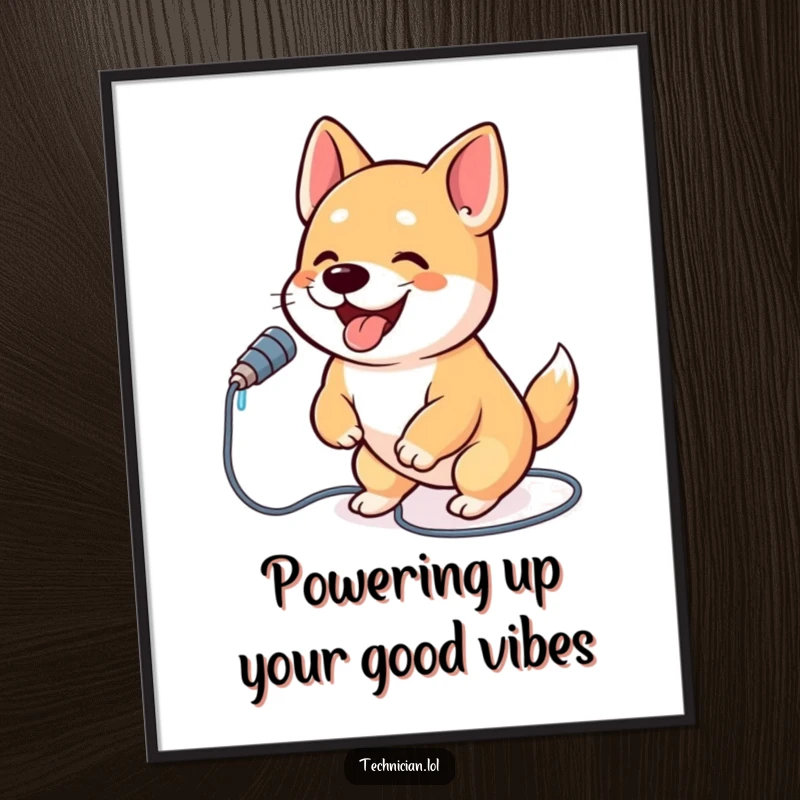 Funny Free Printable Wall Art: An extremely happy dog bounces with excitement while enthusiastically plugging in a power cable.