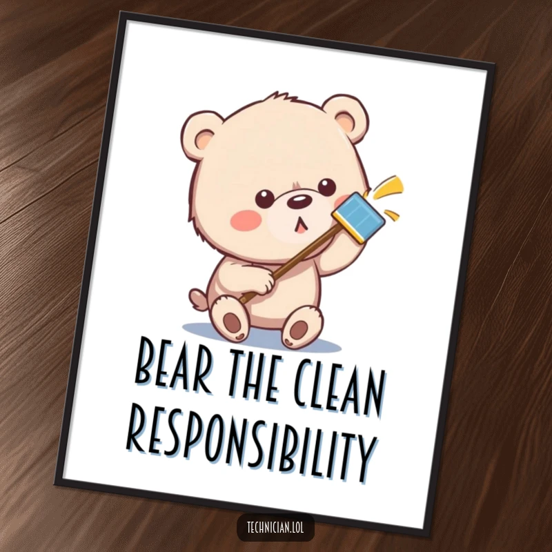 Funny Free Printable Wall Art: A strong bear with intense focus wipes a tiny smudge off a gleaming metallic surface.
