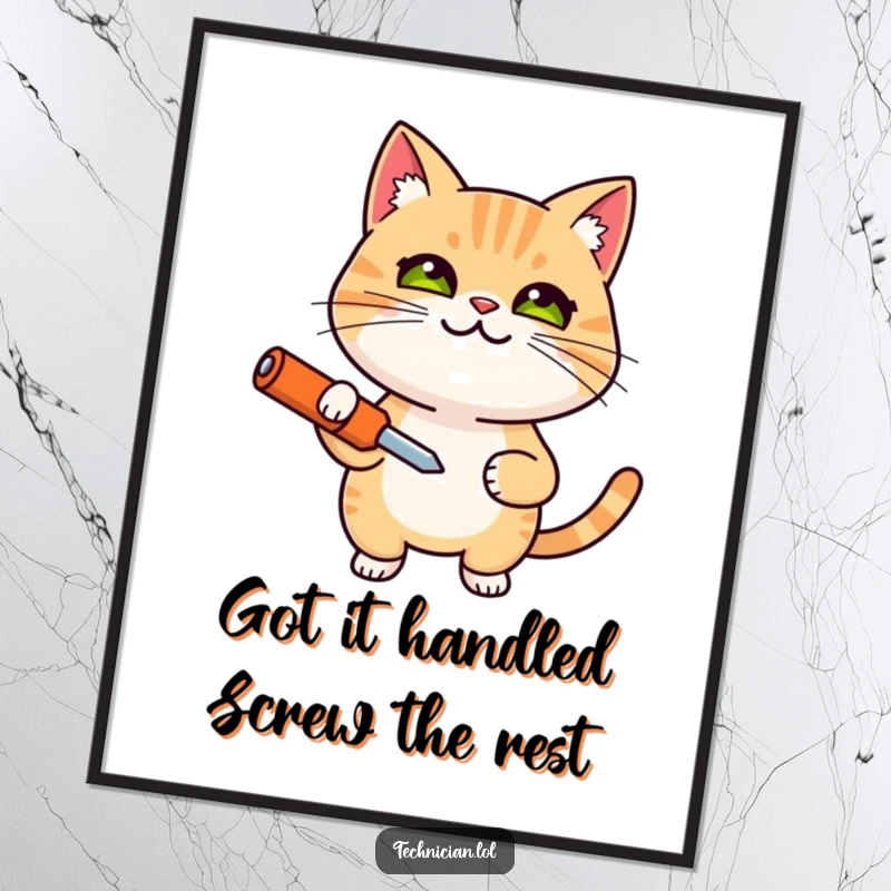 Funny Free Printable Wall Art: A smiling cat looks determined while holding a screwdriver, ready for any task.