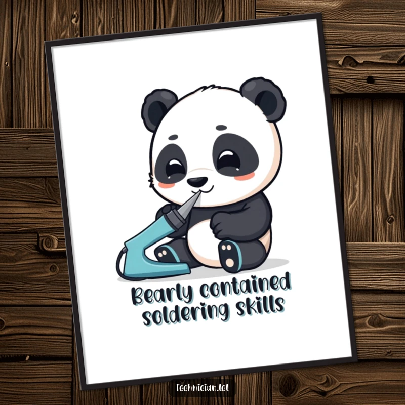 Funny Free Printable Wall Art: An enthusiastic panda uses a soldering iron with intense focus on a project.