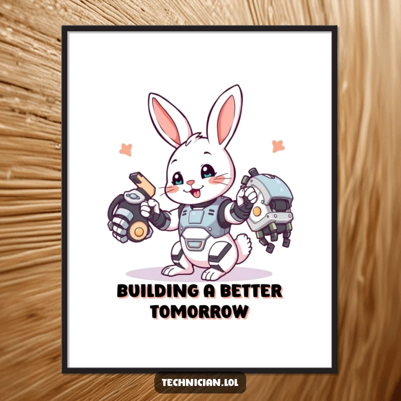 Funny free printable wall art of a bunny happily assembling a robotic arm, creative workshop decor.