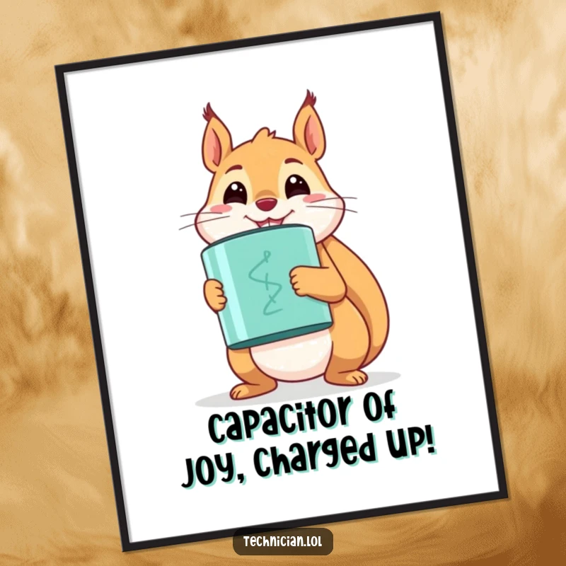 Funny Free Printable Wall Art: A happy squirrel proudly holding a large capacitor, radiating positive energy and a cheerful smile.