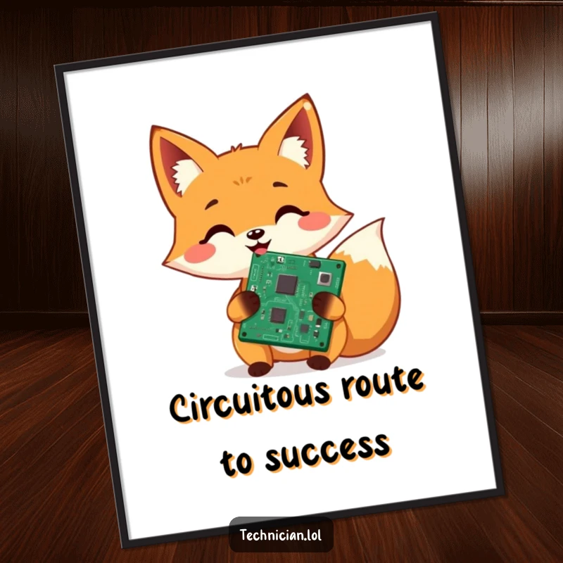 Funny Free Printable Wall Art: A cheerful fox beams, proudly holding a shiny, repaired circuit board, celebrating DIY tech fixes.