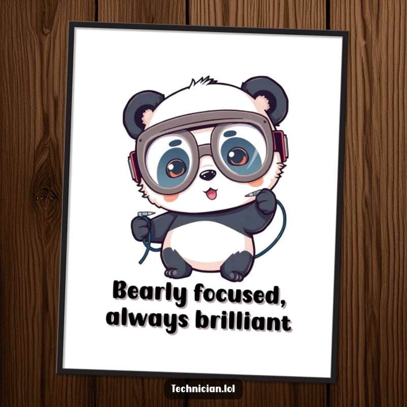 Funny Free Printable Wall Art: A playful panda wearing goggles concentrates on soldering wires, depicting focused DIY engineering.