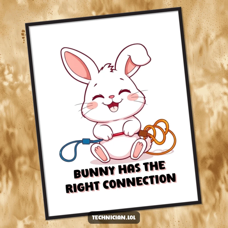 Funny Free Printable Wall Art: Giggling rabbit carefully connecting two colorful wires with a smile, charming DIY art.