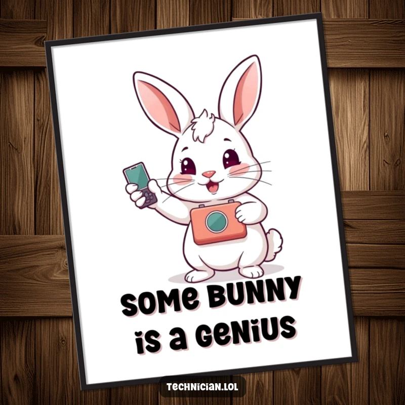 Funny Free Printable Wall Art: Proud rabbit showing off a skillfully repaired gadget, a humorous decor piece.