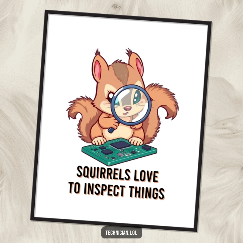 Funny Free Printable Wall Art: Squirrel intensely analyzing a circuit board with a magnifying glass, witty DIY art.