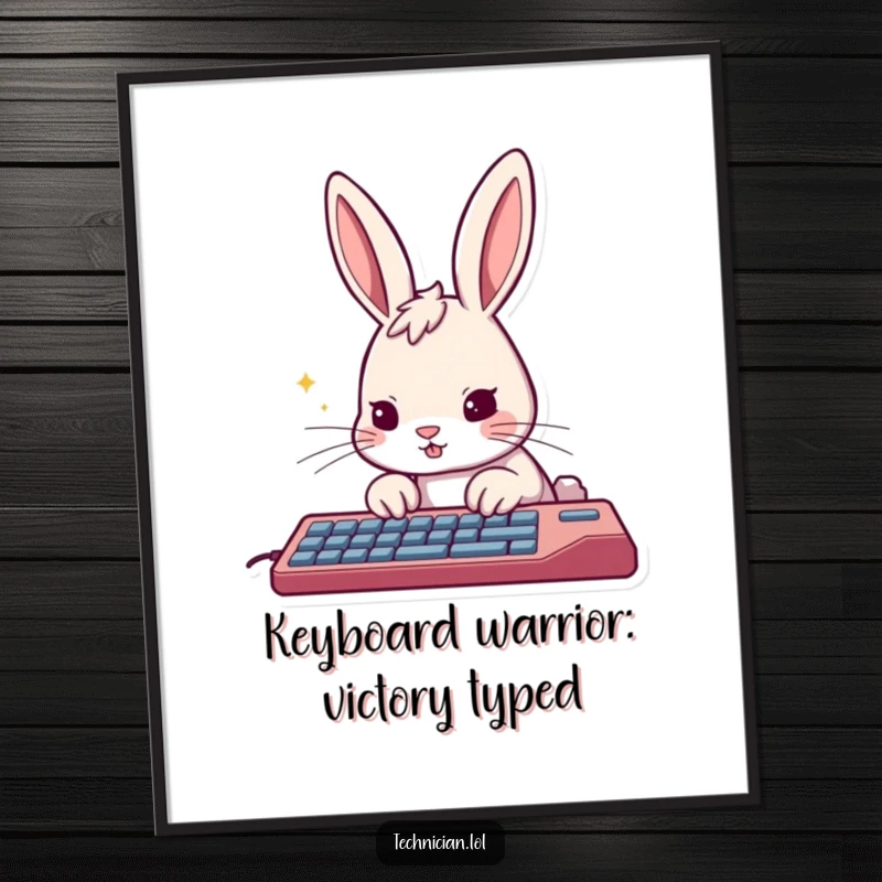 Funny Free Printable Wall Art: A rabbit with a determined expression is rapidly typing on a computer keyboard with intense focus.