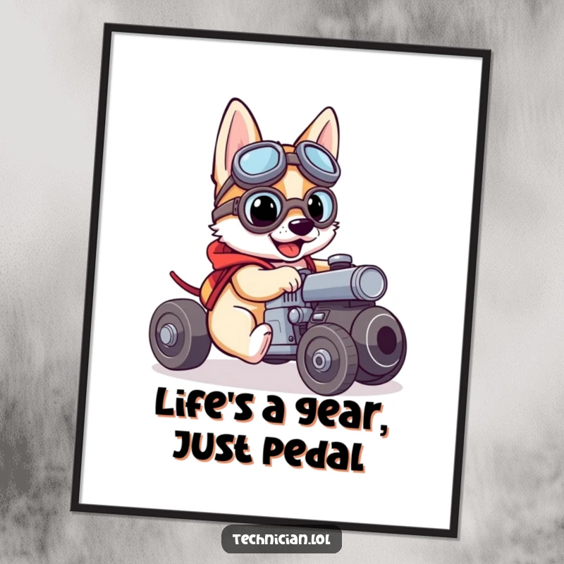 Funny free printable wall art of a brave dog wearing goggles, diligently working on a small engine.