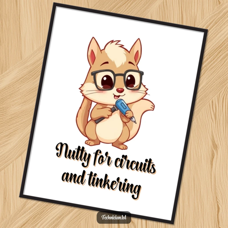 Funny Free Printable Wall Art: A curious squirrel holding a screwdriver, intently analyzing a mysterious device.