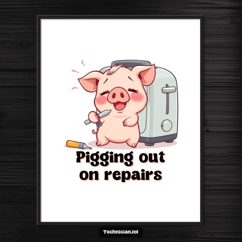Funny Free Printable Wall Art depicting a giggling piglet with a screwdriver, comically trying to fix a toaster, a humorous kitchen scene.