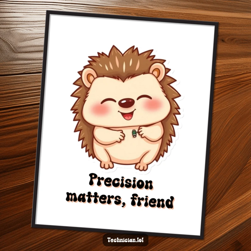 Funny Free Printable Wall Art: A giggling hedgehog meticulously inserts a tiny component, showcasing focused humor.