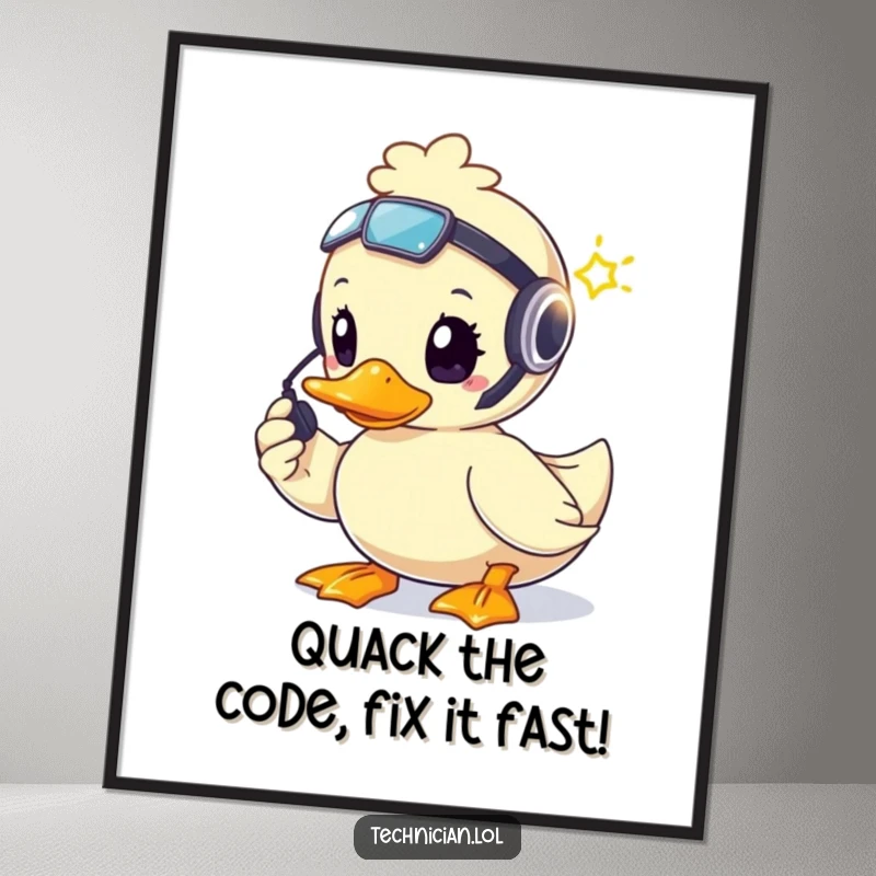 Funny Free Printable Wall Art: A brave duck wearing a headset, diligently fixing a blinking light with focused determination and charm.