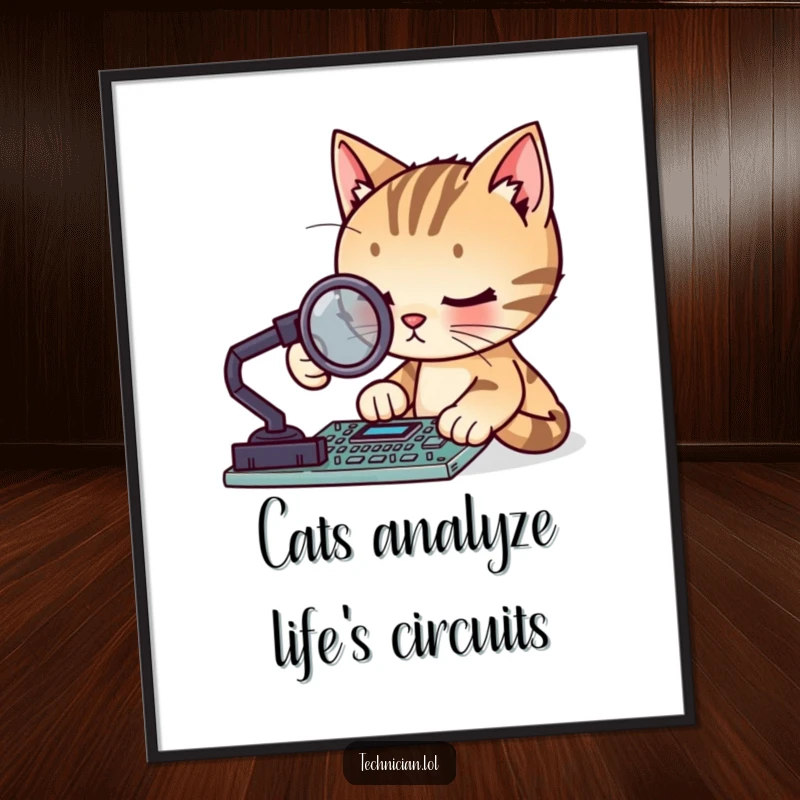Funny free printable wall art: A focused cat peering closely at a circuit board with a magnifying glass.