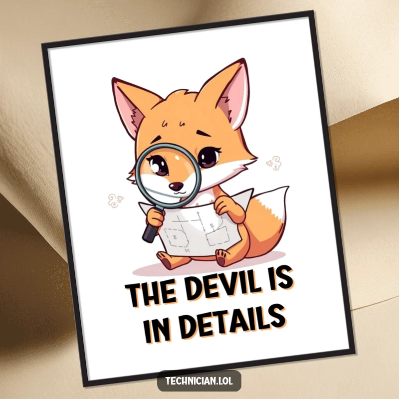 Funny free printable wall art of a fox using a magnifying glass on a complex diagram, intellectual decor.
