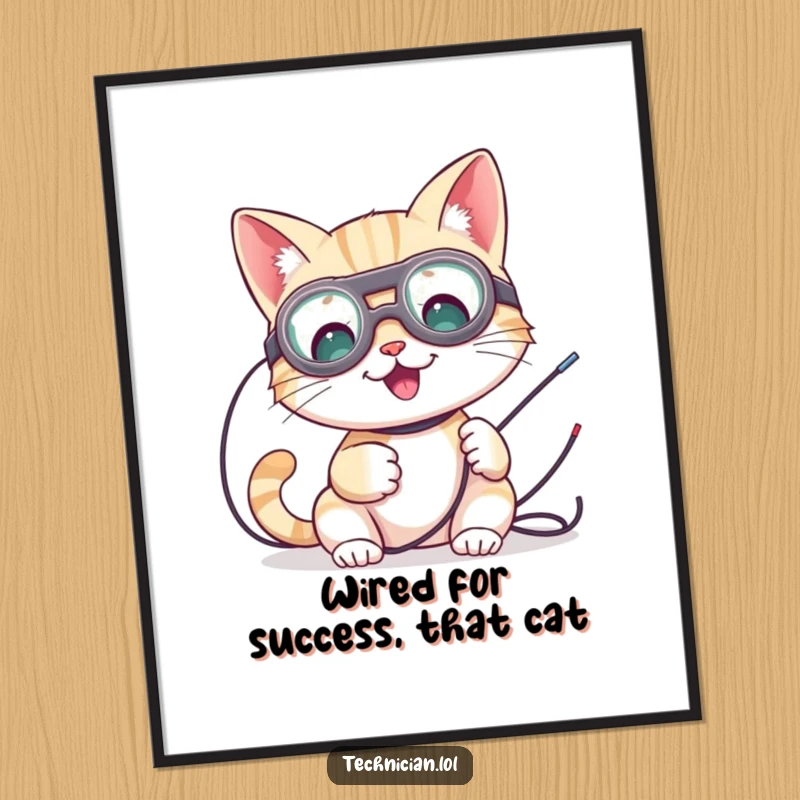 Funny Free Printable Wall Art: Cat wearing goggles cheerfully tinkering with exposed wires, witty DIY art.