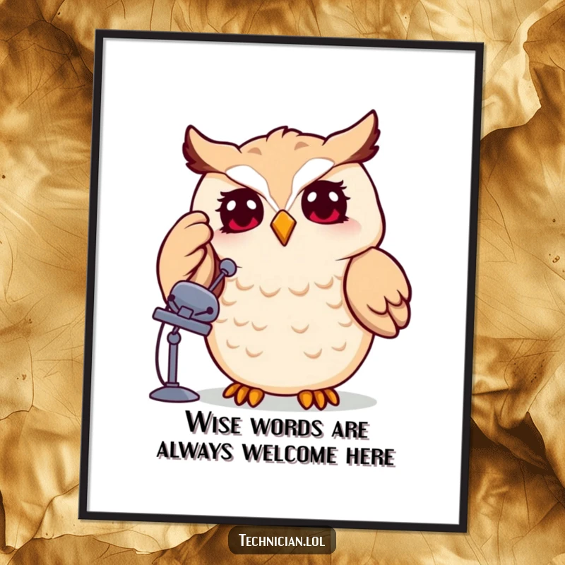 Funny Free Printable Owl Tech Wall Art: Cheerful owl adjusting a tiny satellite dish, showcasing smart humor.