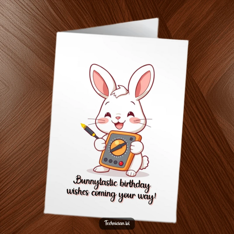 Funny Free Printable Bunny Electrician Card: Smiling bunny with glowing multimeter probes, perfect for DIY birthday greetings.