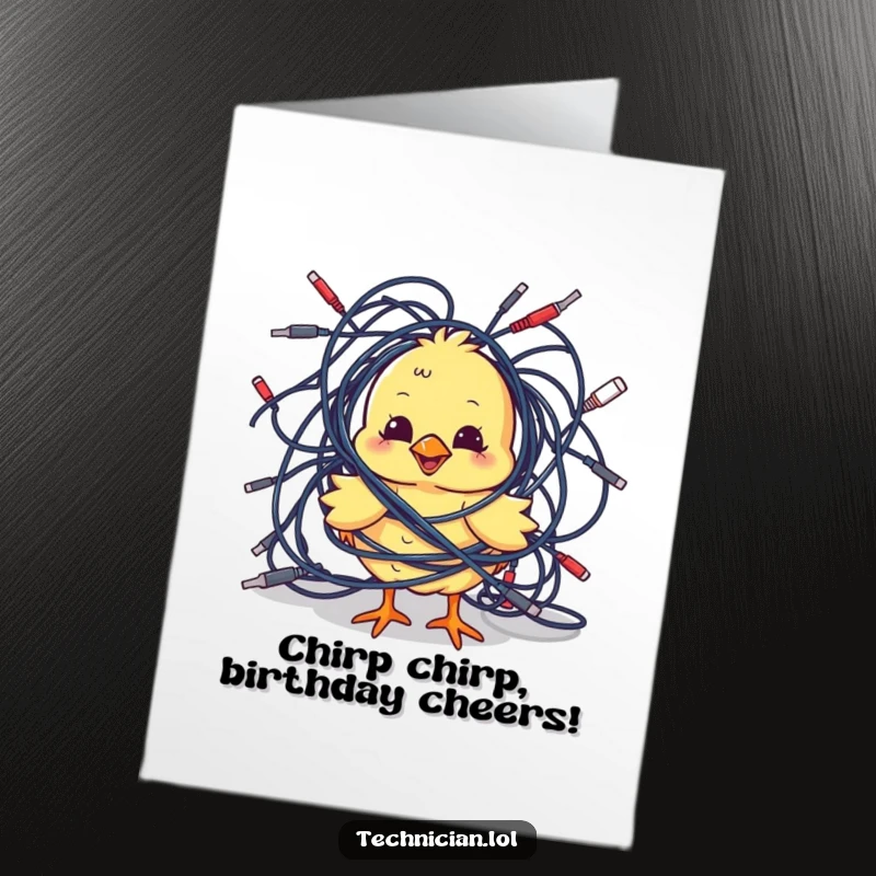 Funny Free Printable Birthday Card: A playful chick comically tangled in a messy web of colorful cables, a chaotic greeting.