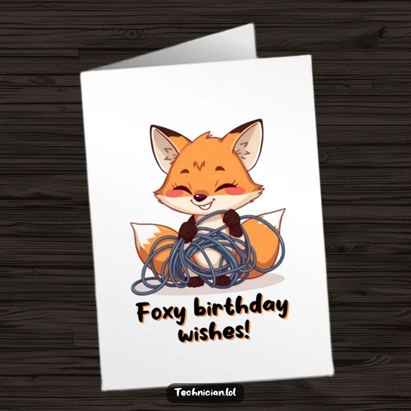 Funny free printable birthday card: A determined fox grinning while fixing a large, tangled wire.