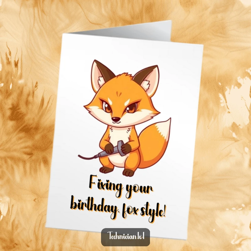 Funny Free Printable Birthday Card featuring a determined fox holding a soldering iron, perfect for a DIY enthusiast's celebration.