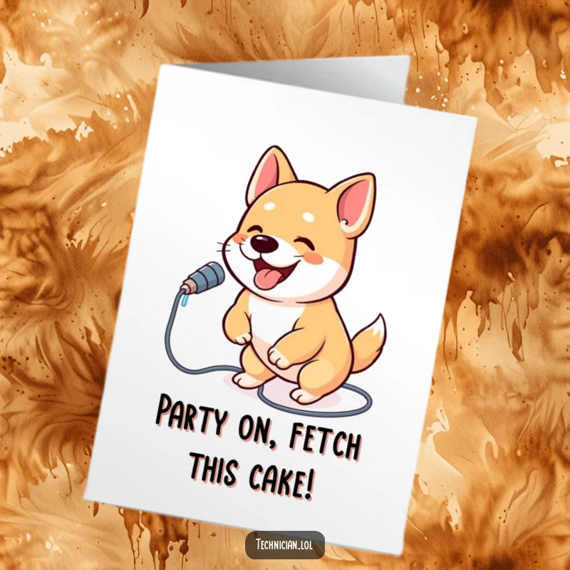 Funny Free Printable Birthday Card: A happy, bouncing dog eagerly plugs a cable into a port with pure excitement.