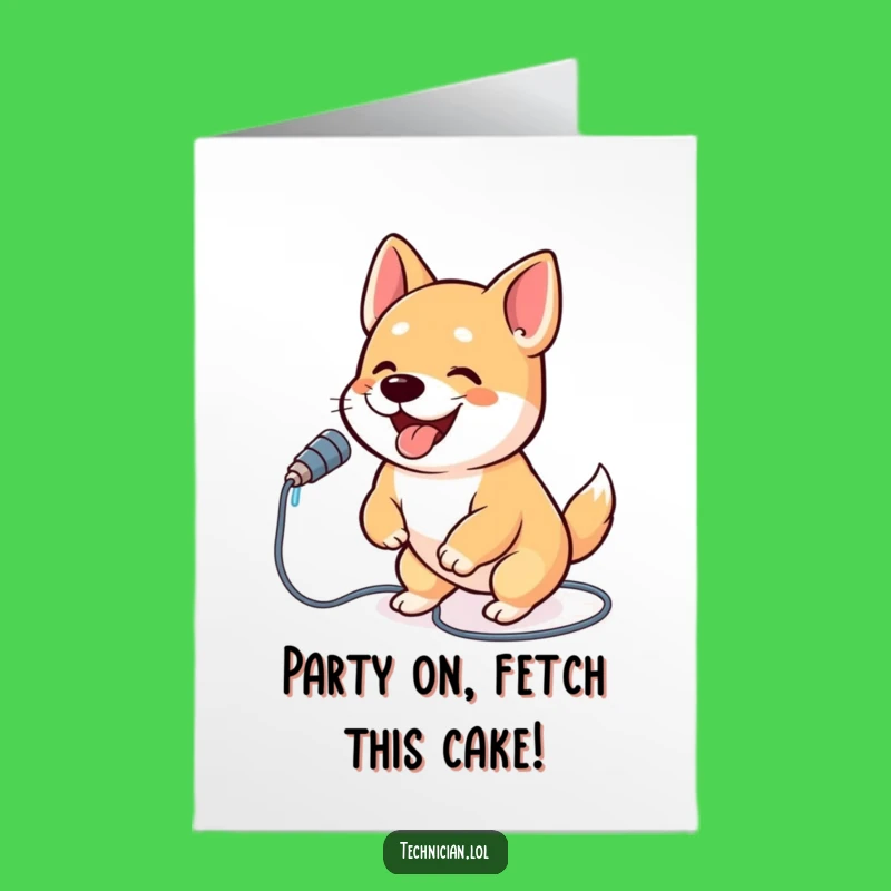 Free Printable Birthday Card: Excited Dog Plugging In - Joyful Downloadable Gift!