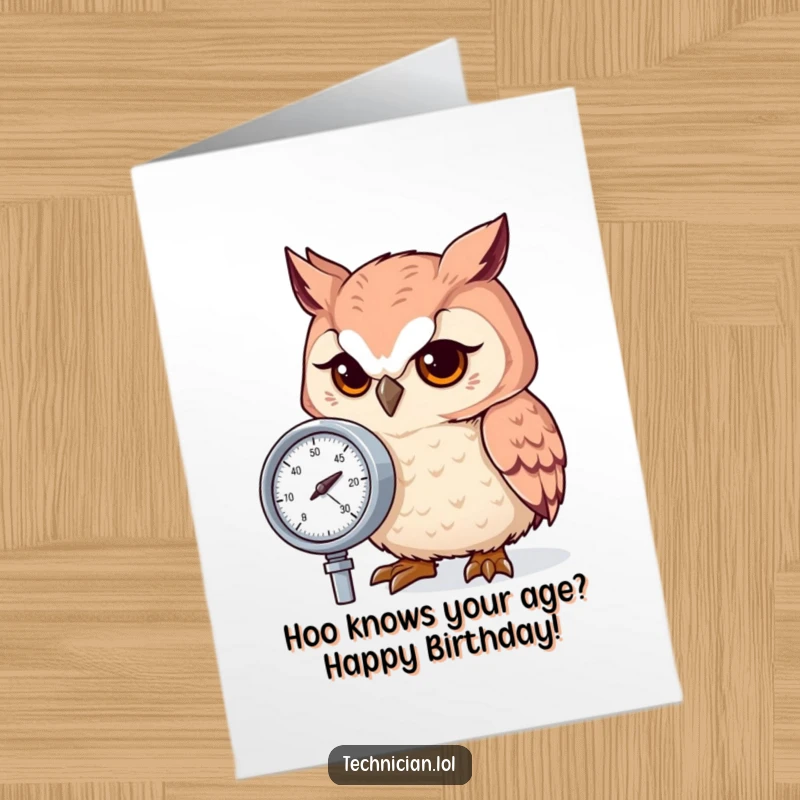 Funny Free Printable Birthday Card: A highly focused owl intently checking a pressure gauge, ensuring a perfectly calculated birthday celebration.