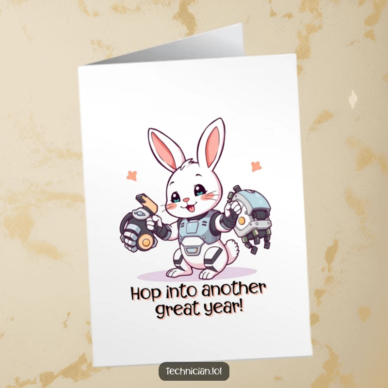 Funny free printable birthday card of a bunny assembling a robotic arm, ideal for DIY gift.
